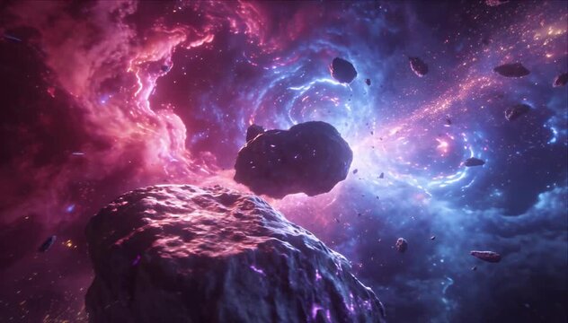 Cosmic tunnel background featuring swirling purple blue light, floating asteroid debris, glowing nebula, galaxy space scene for abstract science fiction art