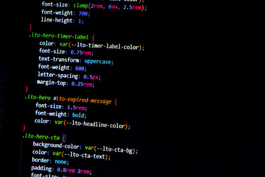 Coding screen of programmer or web developer. Technology abstract background of coding screen for web design, software development, data analysis, data security concept.