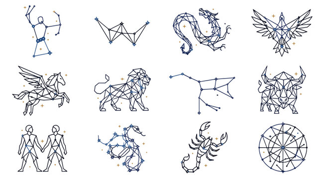 Set of twelve zodiac and astrology symbols including aries taurus gemini and more