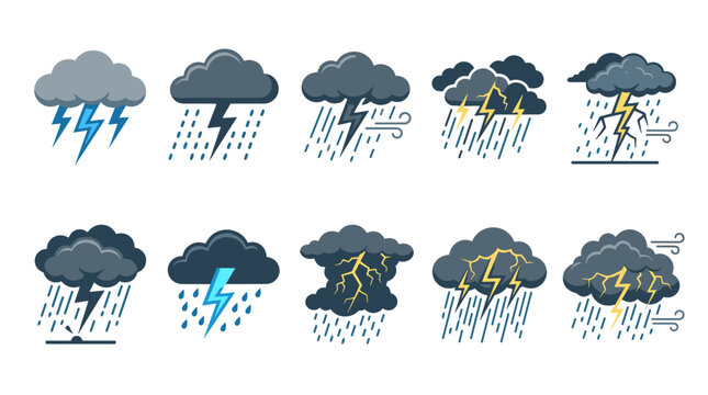 Collection of weather icons depicting thunderstorms rain lightning and stormy cloud scenes