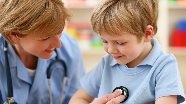 Friendly pediatrician examines young boy with stethoscope, emphasizing compassionate childhood healthcare and trust
