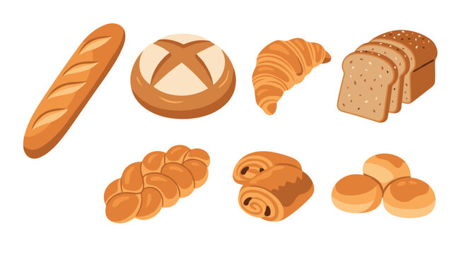Assorted bakery products including bread croissant and rolls