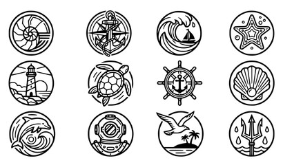 Clean line art generic sea shell emblem vector set with classic bold ocean badge retro starfish unbranded scallop coastal studio and sweet summer safari adventure graphics for apparel © Mdsahag
