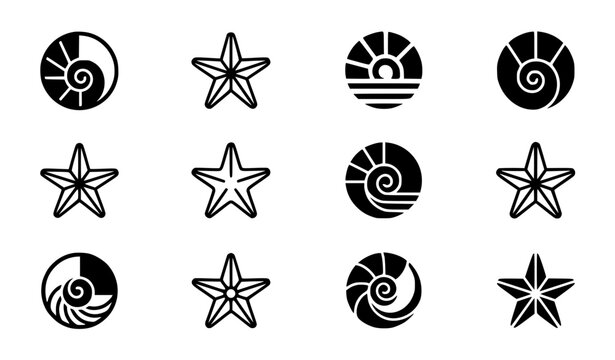 Modern abstract generic sea shell symbol vector clipart set with minimalist clean outline unbranded luxury brand starfish scallop monogram and cosmic marine logo graphics black and white