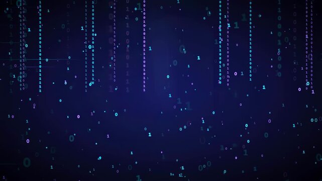 Abstract digital binary code raining down on a dark blue technological background for data concepts