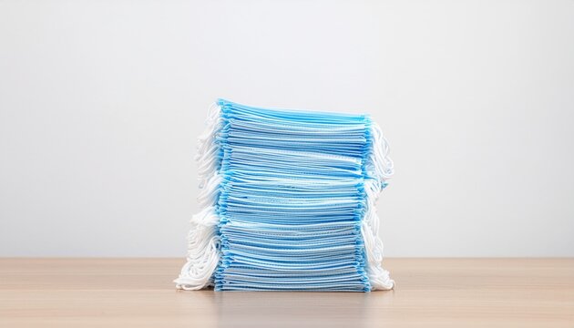 Stack of Blue Disposable Medical Face Masks for Health Protection