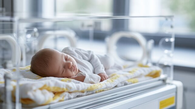 Newborn baby peacefully sleeping in a modern hospital incubator, symbolizing care and new life