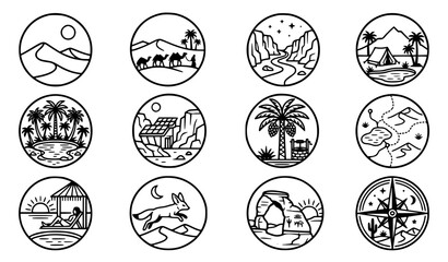 Clean line art generic desert emblem vector set with classic bold nature badge retro oasis unbranded sand dunes travel studio and sweet safari adventure graphics for apparel © Mdsahag