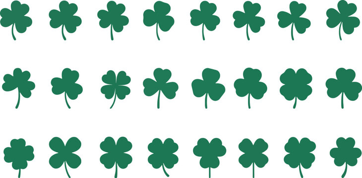 Set of green shamrocks. three leaf clover lucky charm different shapes isolated on transparent background. Vector Illustration
