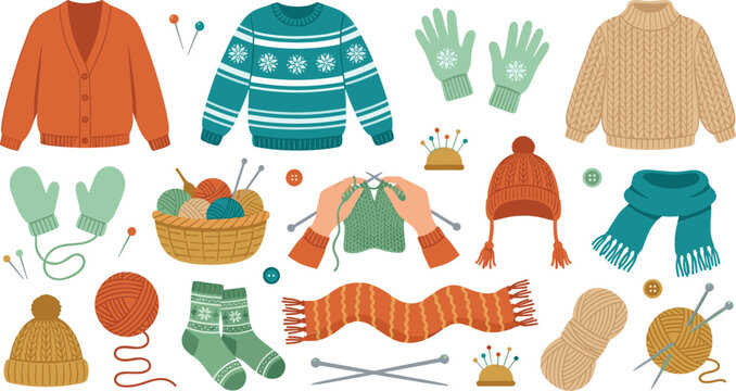 Cozy winter knitting and woolen clothing vector set with sweater cardigan mittens scarf yarn balls and hands knitting isolated on white background.