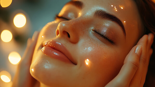 Peaceful face during facial massage therapy session under soft glowing light 