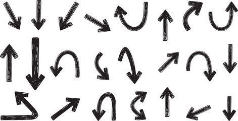 Fototapeta premium Set of hand drawn arrows. sketch pointer direction different shapes isolated on transparent background. Vector Illustration