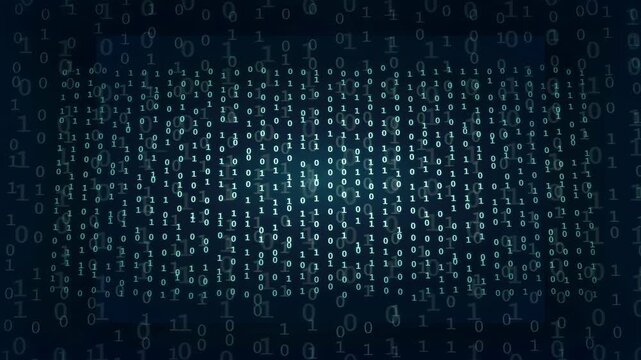 Abstract digital binary code background with glowing blue data stream and flickering matrix effect