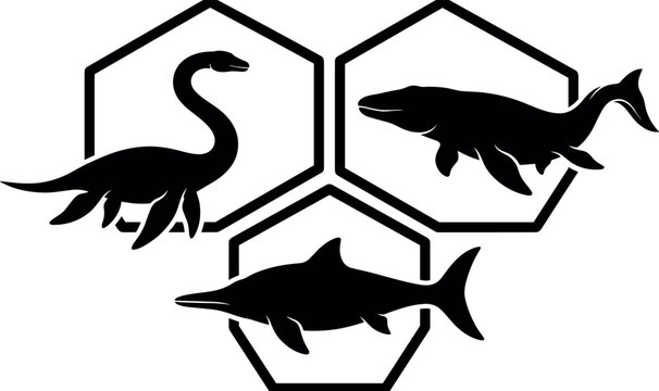 Ancient marine reptiles silhouettes in hexagon frames featuring prehistoric aquatic monsters.