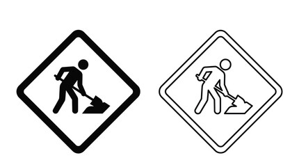 Worker with shovel sign black and white line illustration © EMON