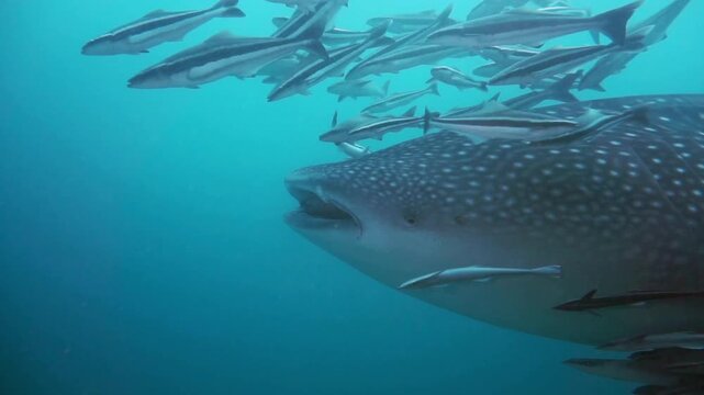 Scuba diving close up with wild whale shark swimming in ocean water in 4K Ultra HD footage
