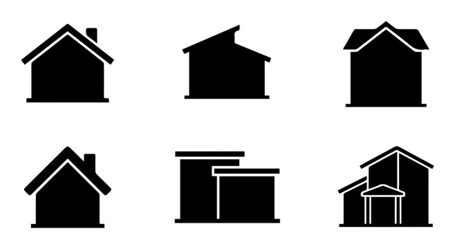 6 House icons, building, architecture, real estate, property, home, residence, outline solid styles, UI and web interface design