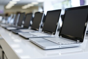 Fototapeta premium The Row of Laptops on a Bright Store Display Showcasing Modern Technology