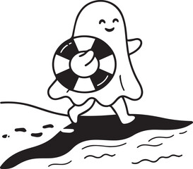 Fototapeta premium Minimalist outline of happy ghost character enjoying summer beach walk with lifebuoy, simple cute design.