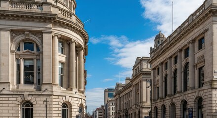 Fototapeta premium Elegant Architecture - A Majestic View of Historic Buildings Under a Clear Blue Sky.