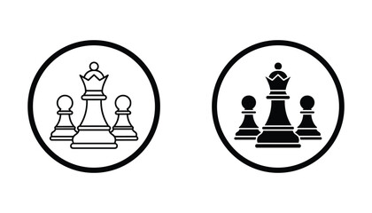 Chess game pieces featuring queen and pawns inside a circle icon in both outline and solid black style for strategy games and sports competition web interface design elements © TARU STOCKPLC
