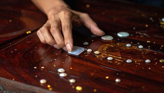 Craftsman's Hands Meticulously Inlaying Mother Of Pearl Into Dark Wood
