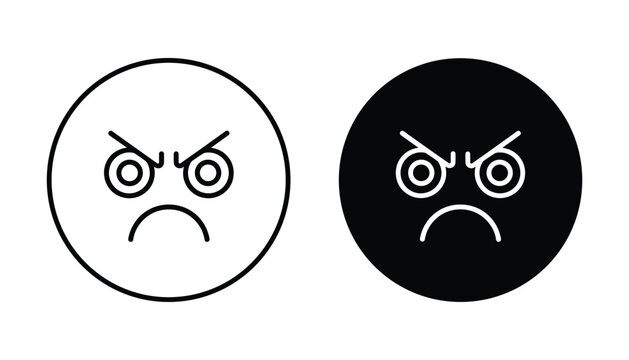 Angry face emoji icon showing frustration or rage in both outline and solid black circle style for user feedback and emotional expression in digital communication and social media