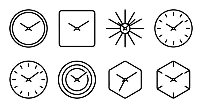 8 Clock Icons, Timekeeping Objects, Outline Solid Styles, UI and Web Interface Design