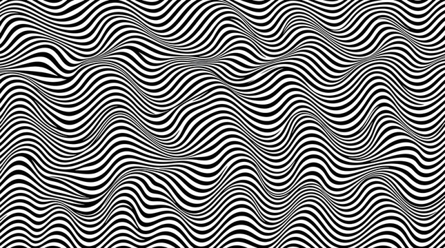Abstract black and white optical illusion background featuring hypnotic wavy lines