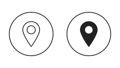 Navigation location map pin icon set for geographic positioning and travel apps featuring clean outline and solid glyph styles inside circular frames for digital UI design elements © TARU STOCKPLC