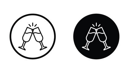 Two champagne glasses clinking together to celebrate a special occasion in circular icon format with both outline and solid black vector designs for event planning marketing materials © TARU STOCKPLC