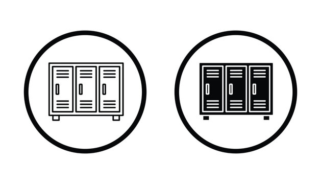 Professional locker room storage unit icon set for school or gym app interface featuring clean outline and solid glyph styles inside circular frames for digital navigation design