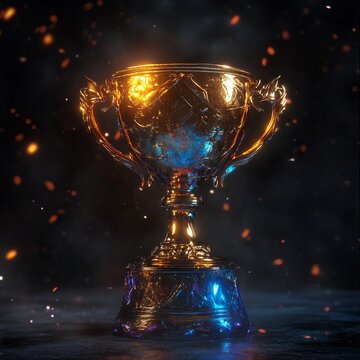 gold trophy cup on blue background
