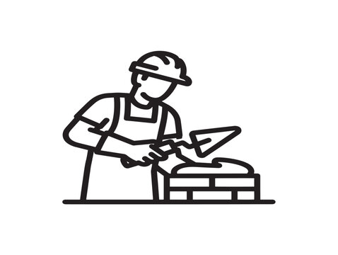 Bricklayer working with trowel. Mason building wall. Construction icon.