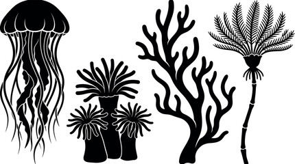 Set of marine life silhouettes including jellyfish coral reef plants and sea floor life. © Abu Siddik