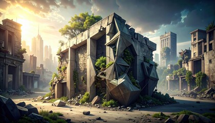 Fototapeta premium Crumbling Stone Architecture Reforming into Geometric Shapes Amidst Urban Decay and Nature's Rebirth