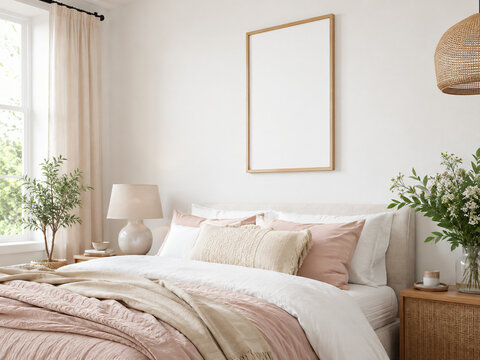 Blank vertical wooden poster frame mockup hanging on a white wall above a double bed with pink and white pillows and an olive plant in a bright bedroom.