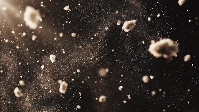 A close-up shot reveals a scattering of dust particles suspended against a dark background, creating a textured and atmospheric visual.