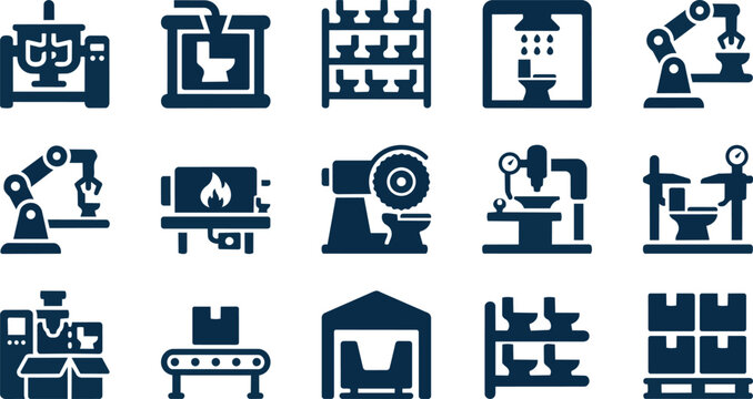 Industrial icons, factory symbols, manufacturing signs, 16 blue vector graphics