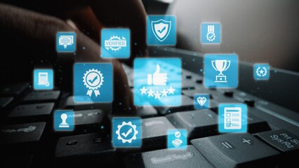 Naklejka premium Quality approval and certification icons showing verified badge, standard check, award, trophy, inspection, rating, quality management, guarantee, trust, and compliance. Funnel