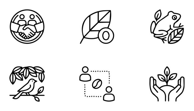 6 Nature and Business icons: handshake, leaf, frog, bird, coffee, plant, outline solid styles, UI and web interface design