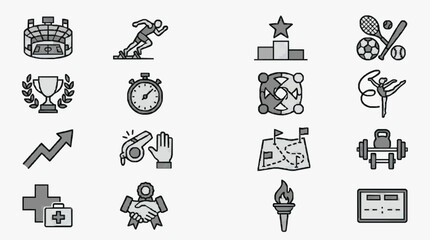 Professional Monochromatic Line Drawing Icons Set Featuring Sports Fitness Medical and Olympic Themed Illustrations © Varas