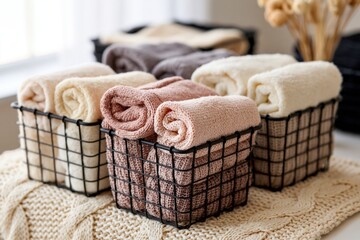 Obraz premium The Cozy Rolled Towels in Wire Baskets on a Knit Blanket Display