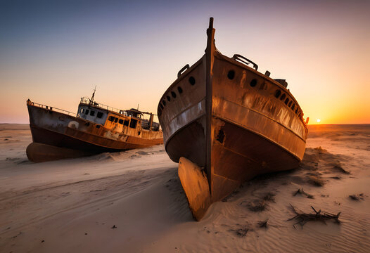 Rusty ships in desert landscape at amu darya river delta