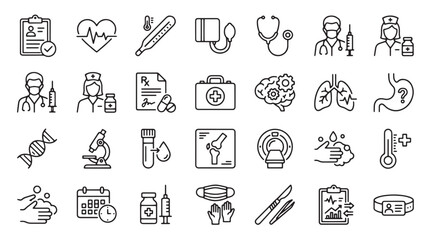 Naklejka premium Medical line icon set, 28 healthcare vector symbols for hospital and clinic services, professional medicine and wellness outline illustrations