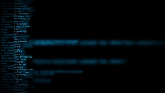 Blue computer programming code text on a dark background, software development script with blurred lines of syntax