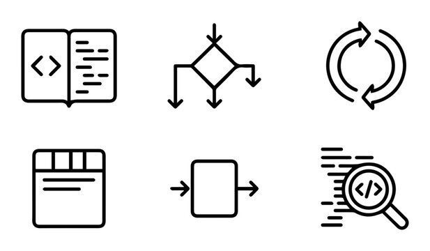 6 programming and workflow icons for software development, data processing, and system management, outline solid styles, UI and web interface design