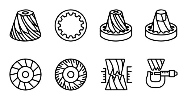 8 Mechanical gears icons, engineering components, cogwheel, worm drive, micrometer, industrial machinery, outline solid styles, UI and web interface design