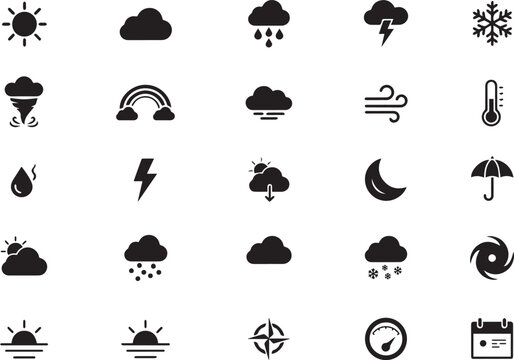 Collection of weather condition icons featuring sun rain snow lightning and various cloud formations on transparent background