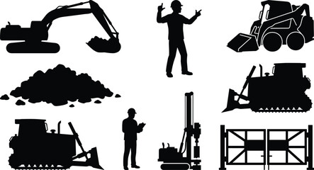 Heavy construction machinery and engineering worker silhouettes vector set featuring excavator bulldozer skid steer loader and pile driver © Rahim 